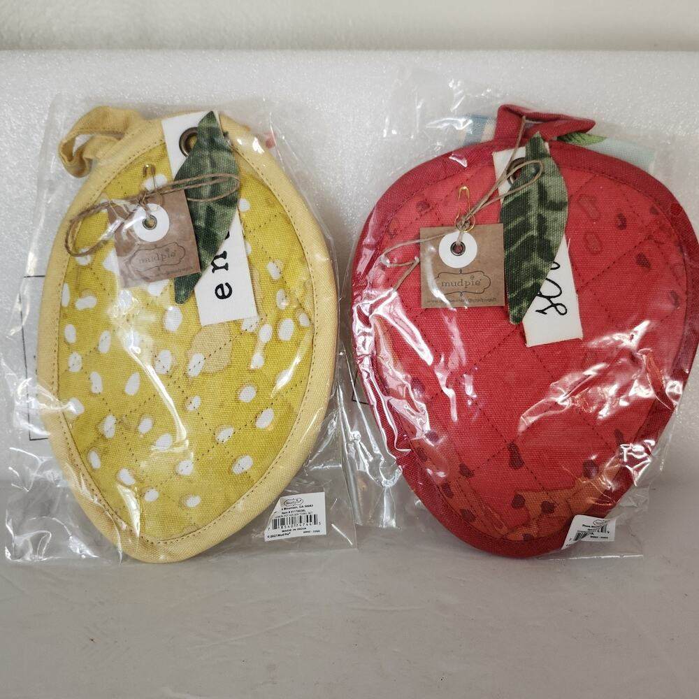 NWT Mudpie Strawberry & Lemon Fruit 7×7" Potholder And 12×12" Towel Set Country